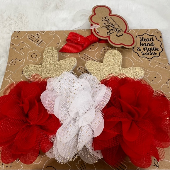 NEW Baby Essentials Glitter Antler Headband & matching Plush Deer Rattle Socks - Picture 2 of 7